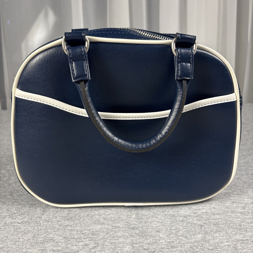 John Galt Navy Blue Top Handle Purse Faux Leather Bowler Bag Metal Feet Y2K